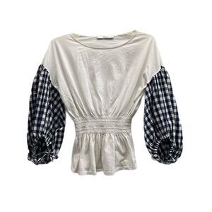 Uterque Top Size Small White Smocked Waist Gingham Bishop Sleeves